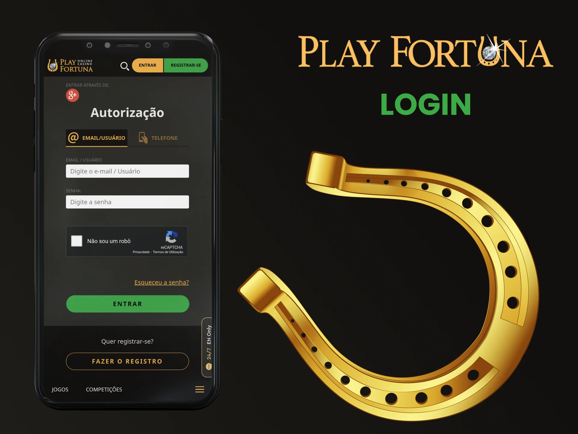 Faça login em sua conta pessoal no aplicativo Play Fortuna.