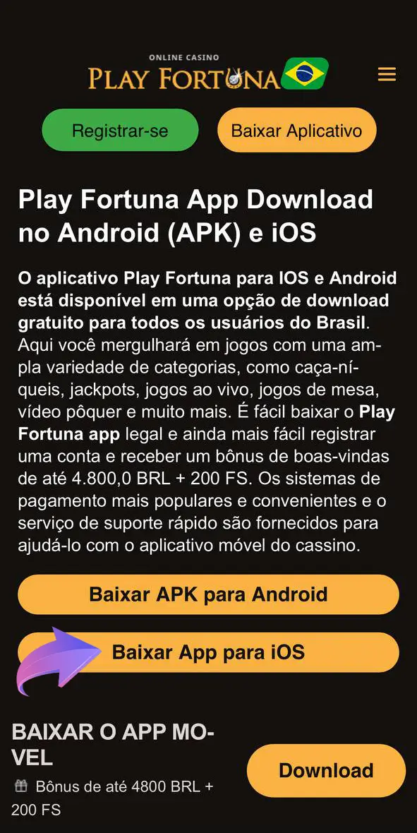 Abra o Safari e siga a hiperligação para a aplicação Play Fortuna para dispositivos iOS.
