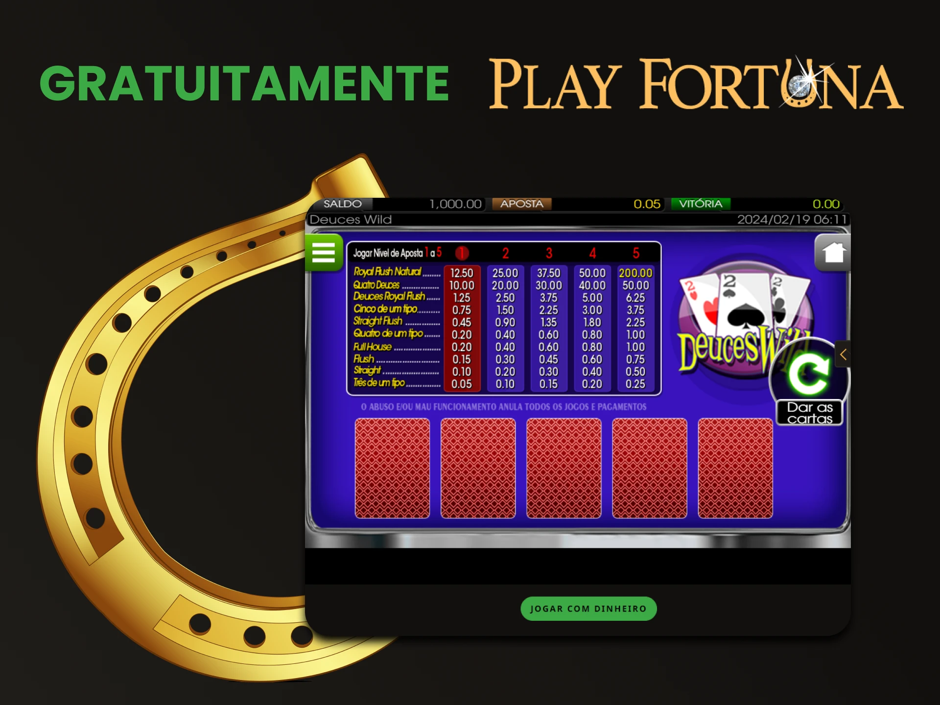 Você pode praticar a versão gratuita do jogo de vídeo pôquer no Play Fortuna.