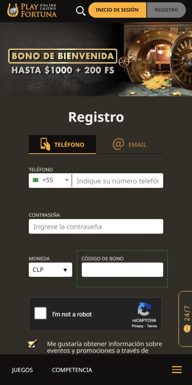 Pagina de registro no cassino Play Fortuna.